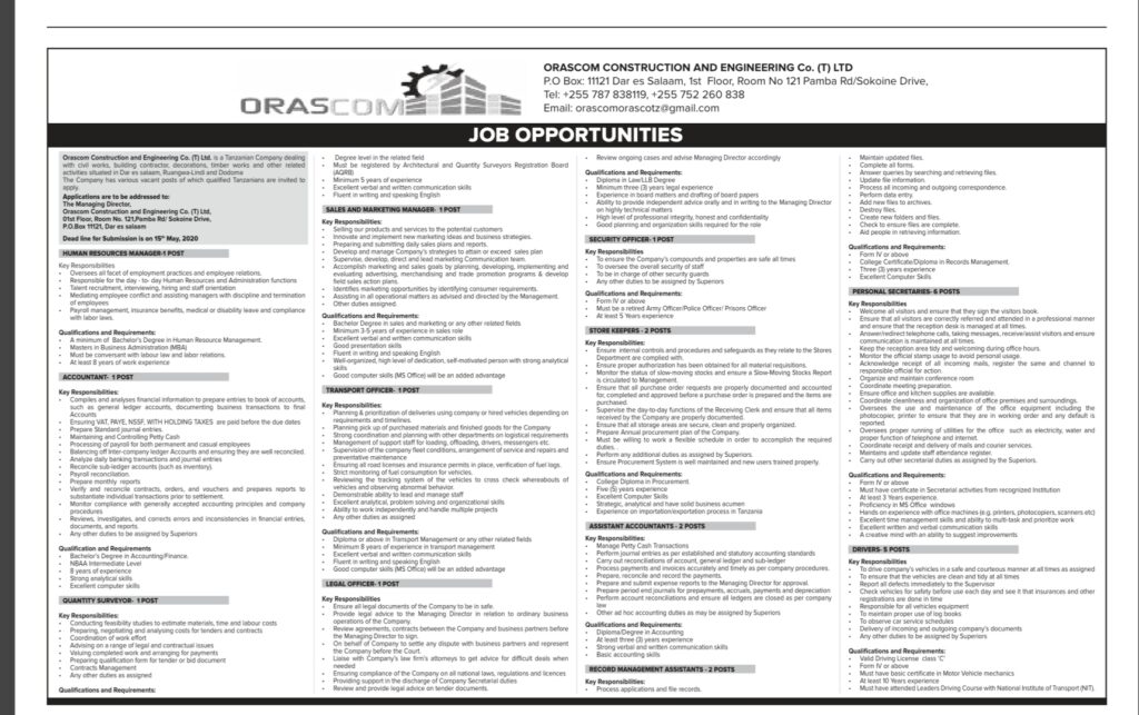 Job Vacancies At Orascom Construction and Engineering Company Tanzania 
