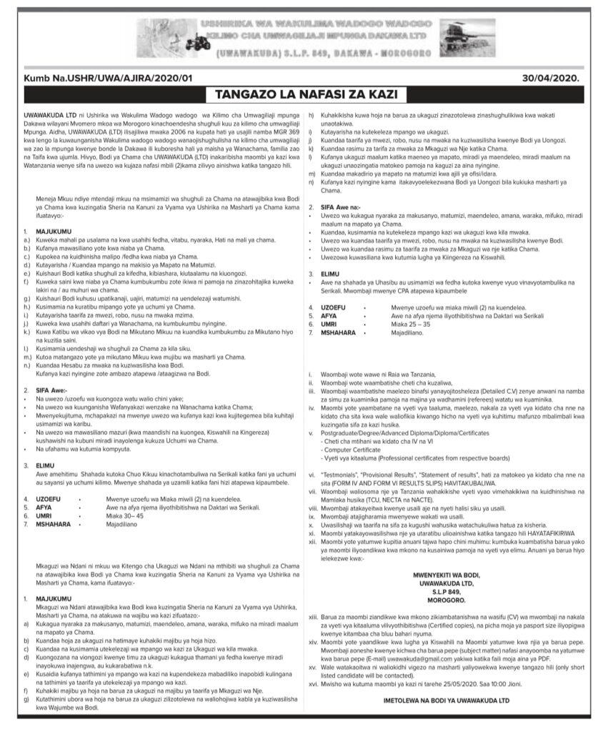 New Job Vacancies UWAWAKUDA | May 2020