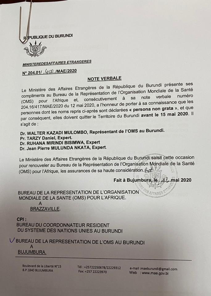 Burundi Govt Expel 4 WHO Workers