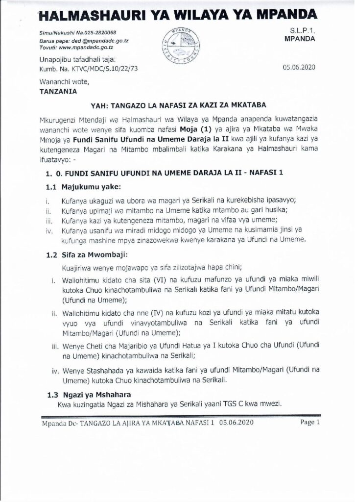 Mpanda District Council Jobs, June 2020