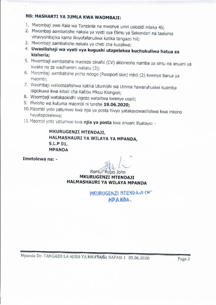Mpanda District Council Jobs, June 2020