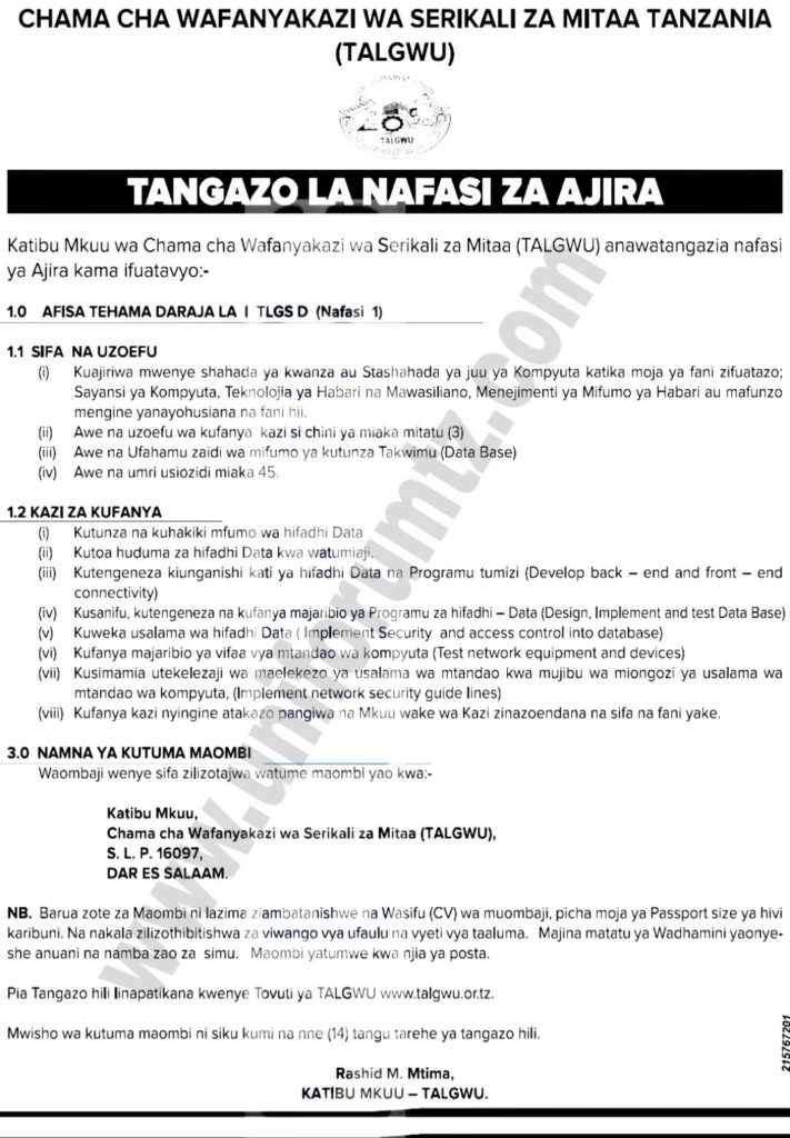 New Job Vacancy At TALGWU, June 2020