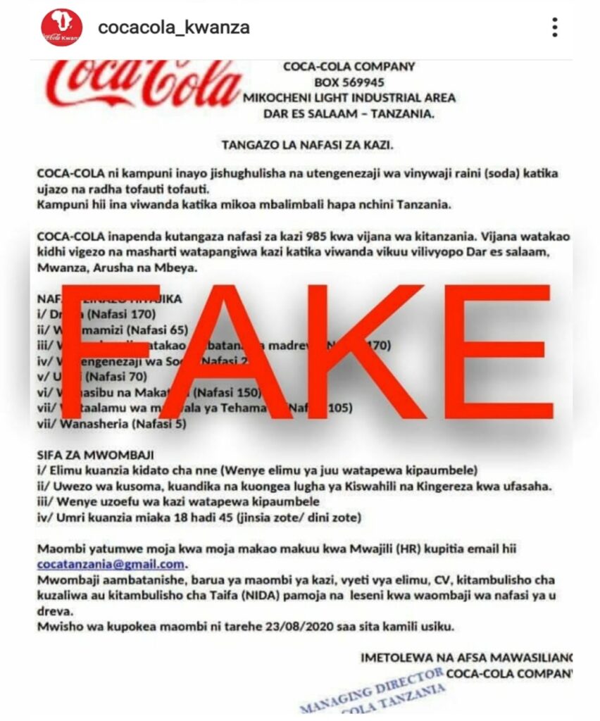 Coca Cola Tanzania Notice On Fake Jobs