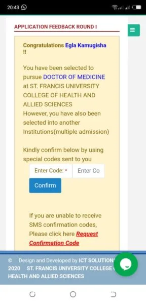 Selected Applicants 2020/2021 Saint Francis University College of Health and Allied Sciences