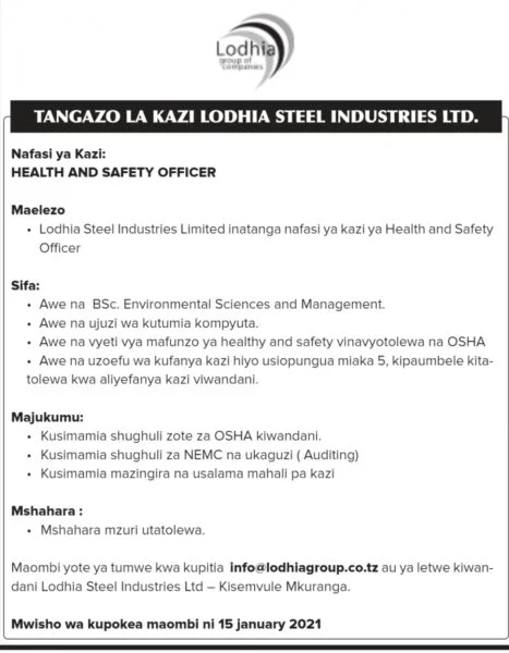 Tangazo La Kazi Lodhia Steel Industries LTD