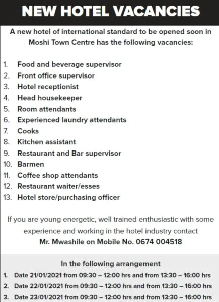 Various Hotel jobs At Kilimanjaro Region, January 2021