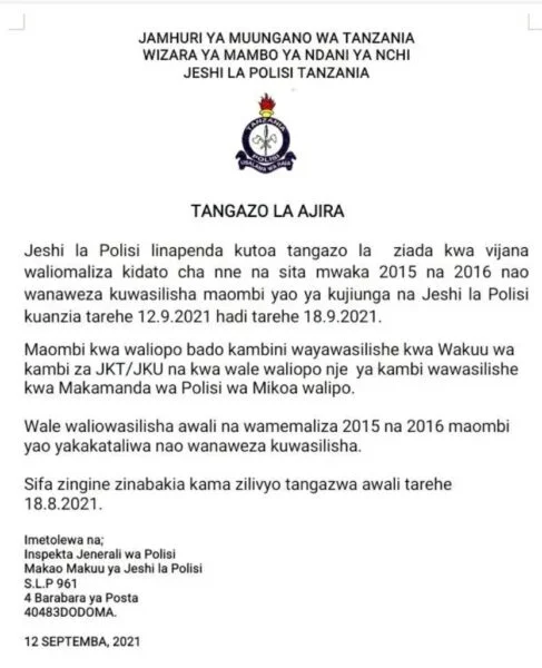 New Tanzania Police Force Jobs, September 2021