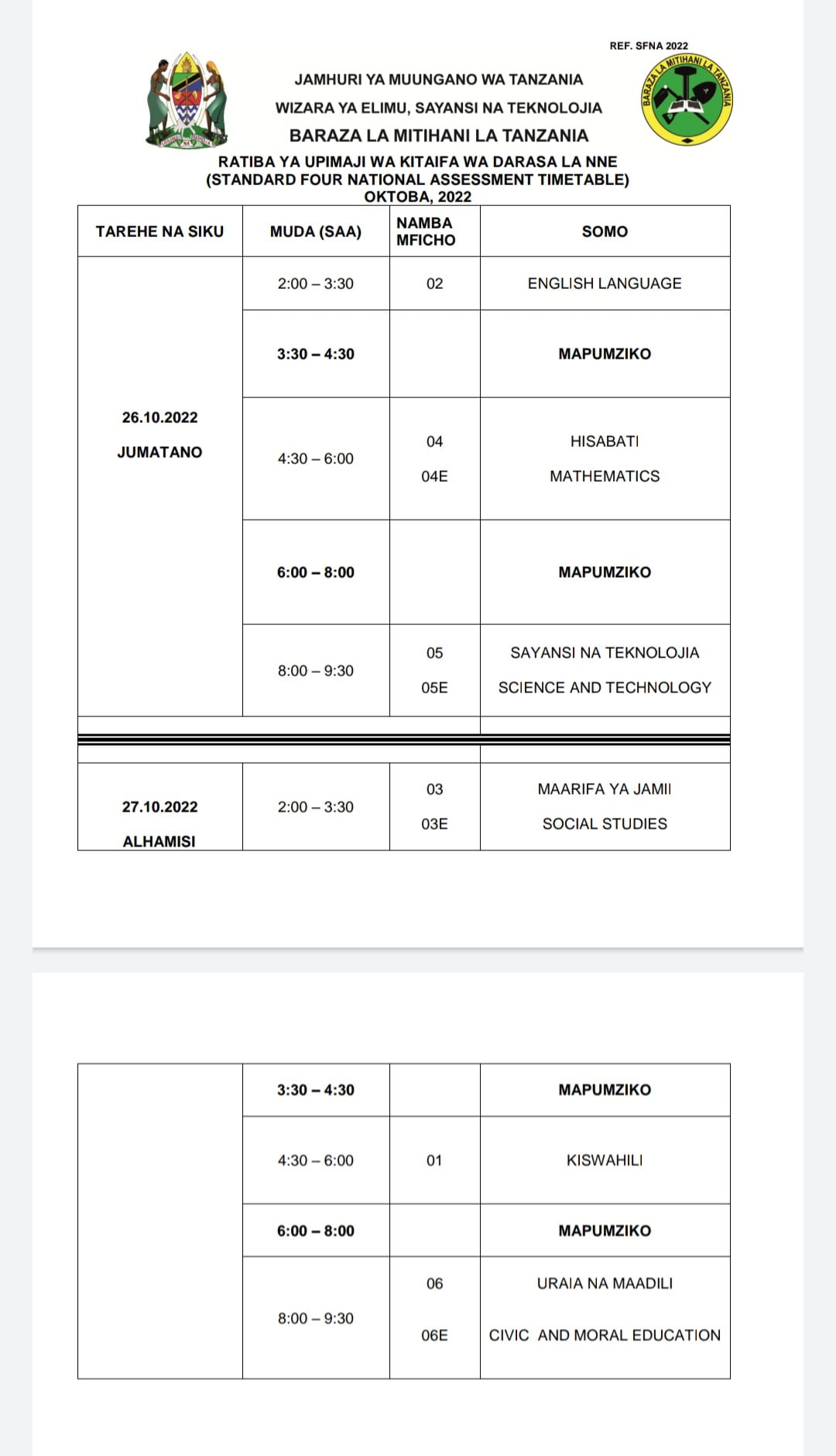 SFNA Examination Timetable 2022 | Ratiba Ya Darasa La Nne 2022