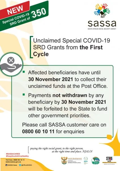south african social security Unclaimed Special COVID-19 SRD Grants from the First Cycle
