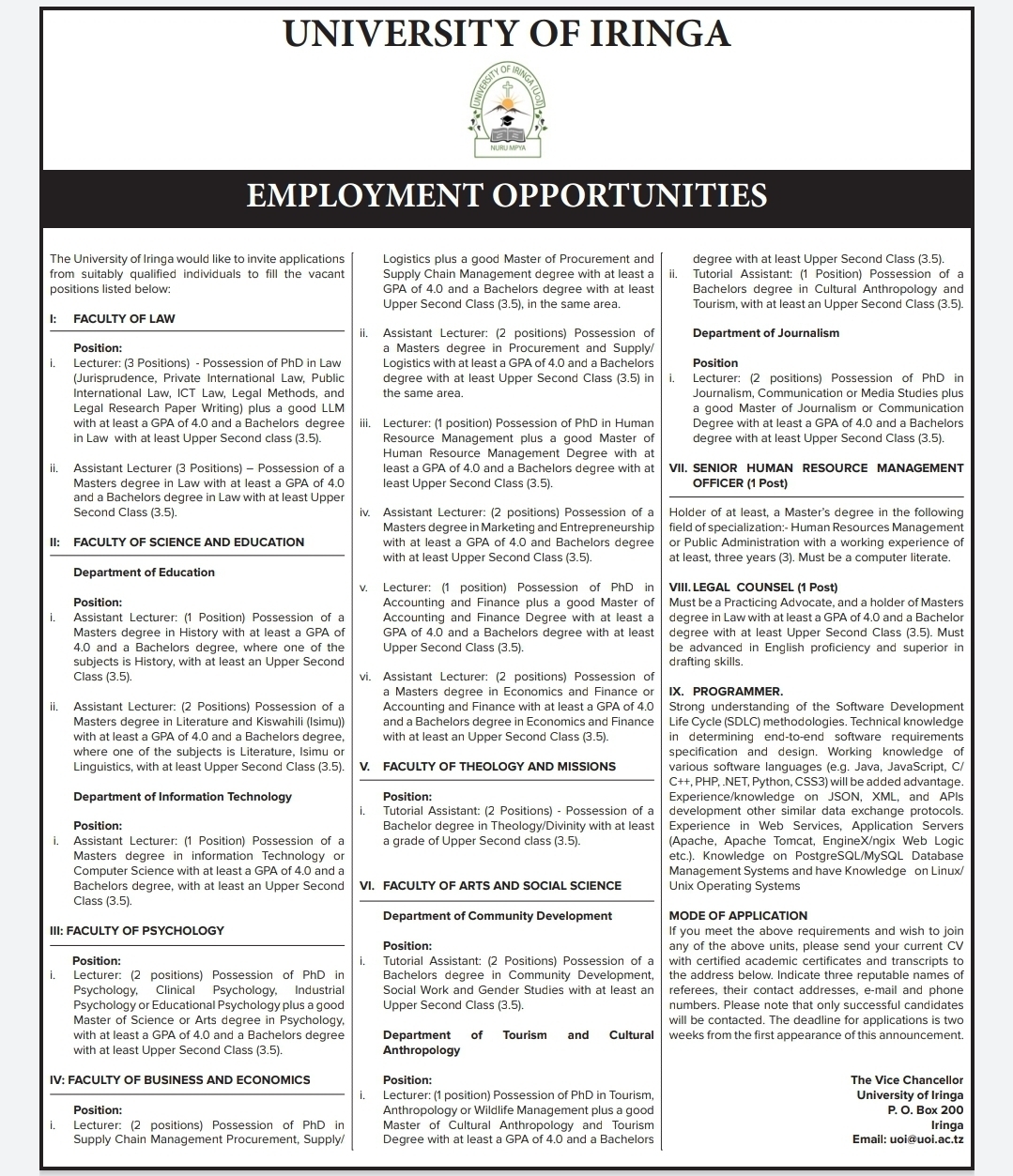 31 Job Opportunities At University of Iringa
